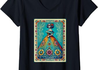 Womens La Dama Dia de Muertos V-Neck T-Shirt