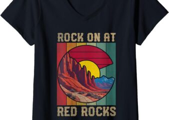 Womens Rock On At Red Rocks Hiking Outdoors Colorado Flag V-Neck T-Shirt