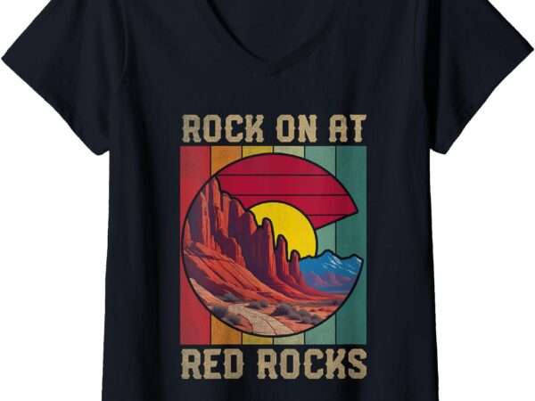 Womens rock on at red rocks hiking outdoors colorado flag v-neck t-shirt