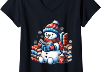 Womens Snowman Reading Book Lovers Christmas Bookworm Librarian V-Neck T-Shirt