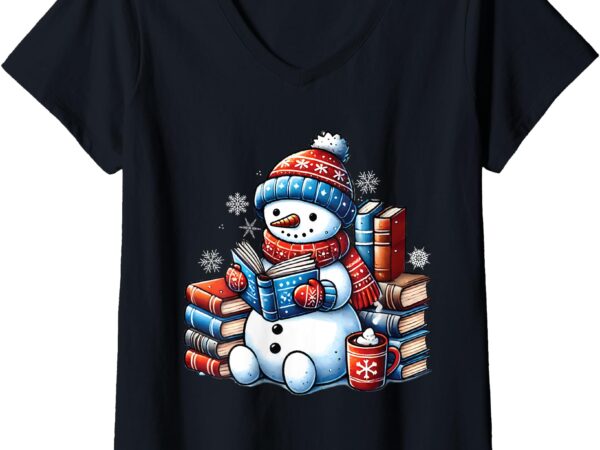 Womens snowman reading book lovers christmas bookworm librarian v-neck t-shirt