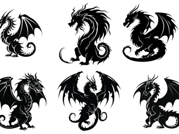 Black silhouette of heraldic dragon t shirt template