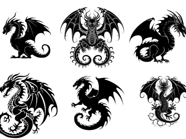 Black silhouette of heraldic dragon t shirt template