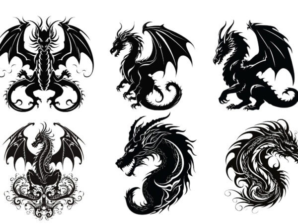 Black silhouette of heraldic dragon t shirt template