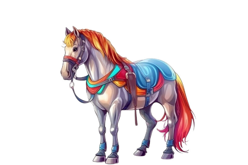 cartoon illustration of unicorn in harness