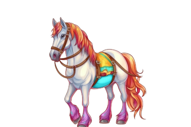 cartoon illustration of unicorn in harness