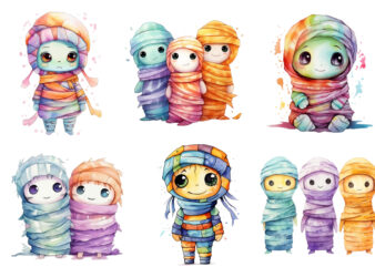 colourful Watercolor Kawaii mummy Halloween