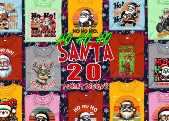 Funny Christmas Santa Claus t-shirt design bundle of 20 designs – download instantly Retro Vintage Illustration T-shirt Clipart Bundle