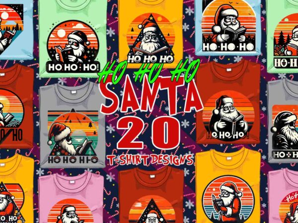 20 trendy colourful book lover christmas santa claus reading book t-shirt design bundle for christmas 2024