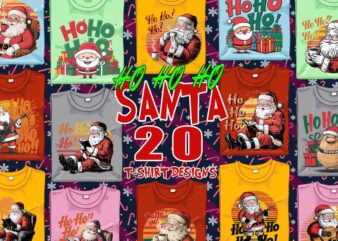 Colourful Christmas Santa Claus t-shirt design bundle of 20 designs – download instantly Retro Vintage T-shirt Bundle for Christmas 2024