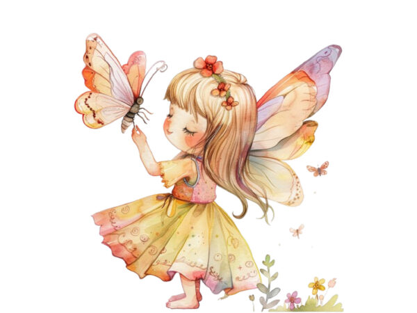 Little beautiful cartoon fairy with butterfly t shirt vector graphic