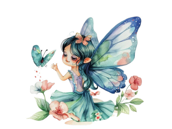 Little beautiful cartoon fairy with butterfly t shirt vector graphic