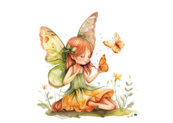 little beautiful cartoon fairy with butterfly t shirt vector graphic