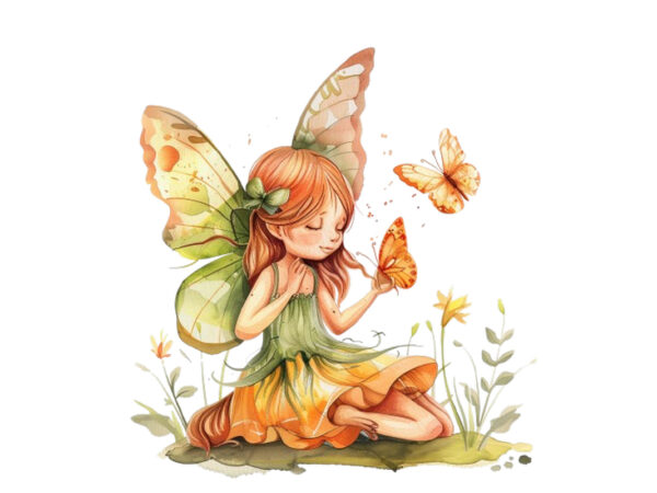 Little beautiful cartoon fairy with butterfly t shirt vector graphic