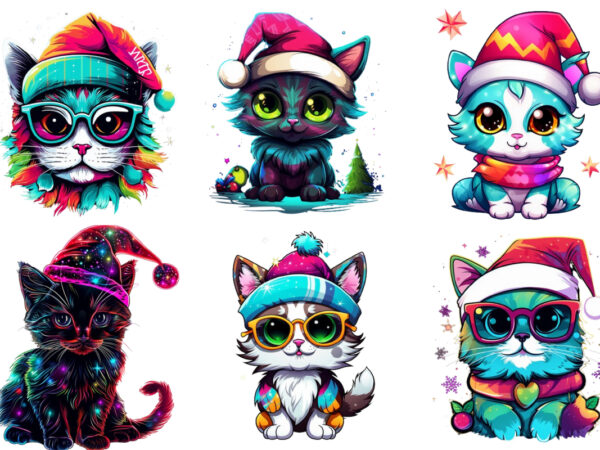 Neon christmas cartoon cat sublimation T shirt vector artwork