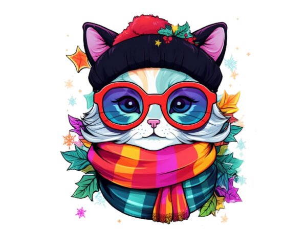 Neon christmas cartoon cat sublimation T shirt vector artwork