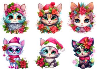 neon christmas cartoon lady cat with flower