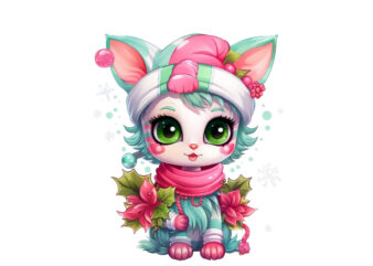 neon christmas cartoon lady cat with flower