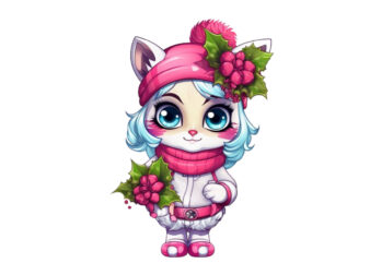 neon christmas cartoon lady cat with flower