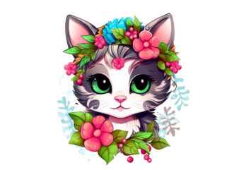 neon christmas cartoon lady cat with flower