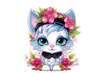 neon christmas cartoon lady cat with flower