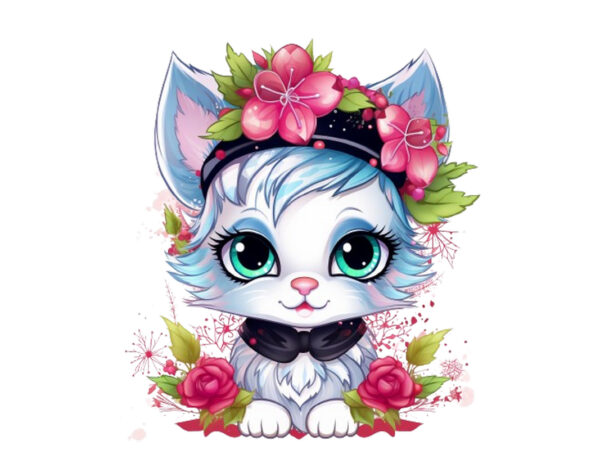 Neon christmas cartoon lady cat with flower T shirt vector artwork