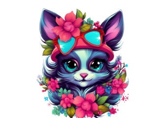 neon christmas cartoon lady cat with flower T shirt vector artwork