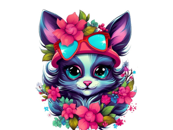 Neon christmas cartoon lady cat with flower T shirt vector artwork