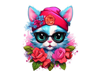 neon christmas cartoon lady cat with flower T shirt vector artwork