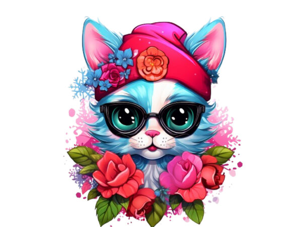 Neon christmas cartoon lady cat with flower T shirt vector artwork