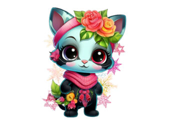 neon christmas cartoon lady cat with flower