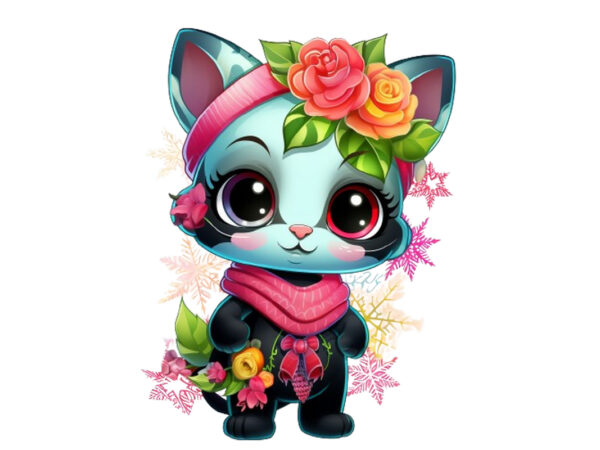 Neon christmas cartoon lady cat with flower T shirt vector artwork