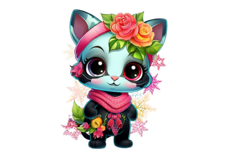 neon christmas cartoon lady cat with flower