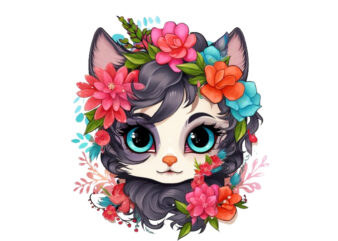 neon christmas cartoon lady cat with flower