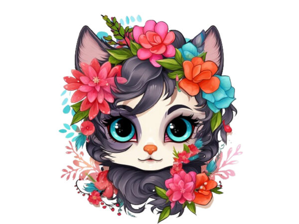 Neon christmas cartoon lady cat with flower T shirt vector artwork