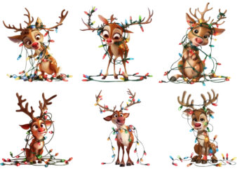 cartoon reindeer tangled in colorful