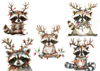 watercolor raccoon wearing reindeer t shirt design for sale