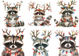 watercolor raccoon wearing reindeer t shirt design for sale