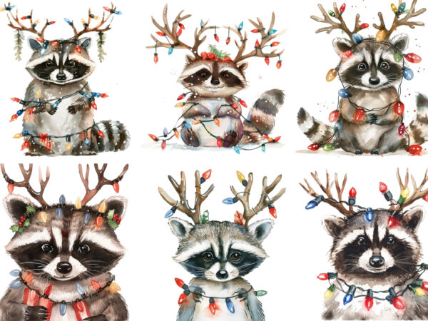 Watercolor raccoon wearing reindeer t shirt design for sale