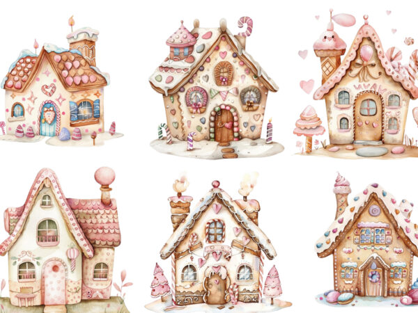 Watercolor pastel gingerbread house clipart t shirt design for sale