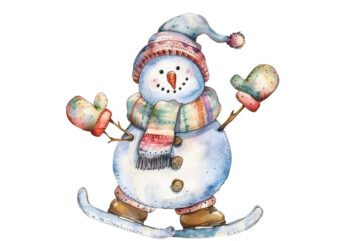 watercolor Pastel snowman skating clipart