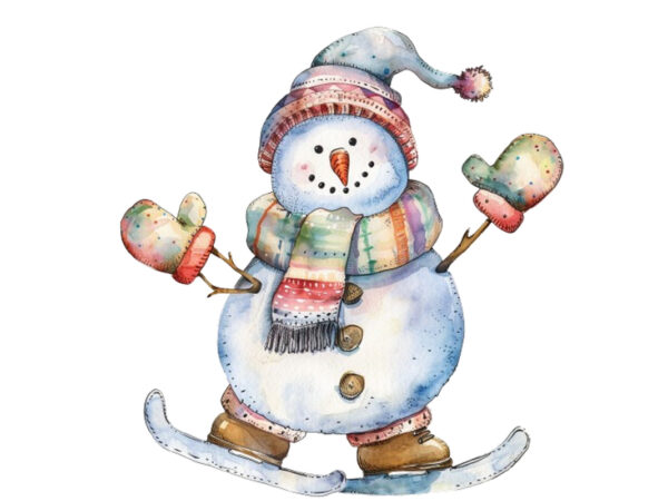 Watercolor pastel snowman skating clipart t shirt design for sale