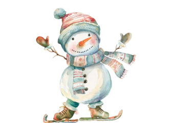 watercolor Pastel snowman skating clipart