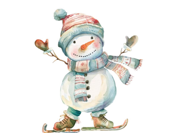 Watercolor pastel snowman skating clipart t shirt design for sale