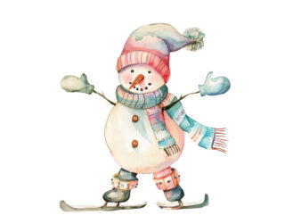 watercolor Pastel snowman skating clipart