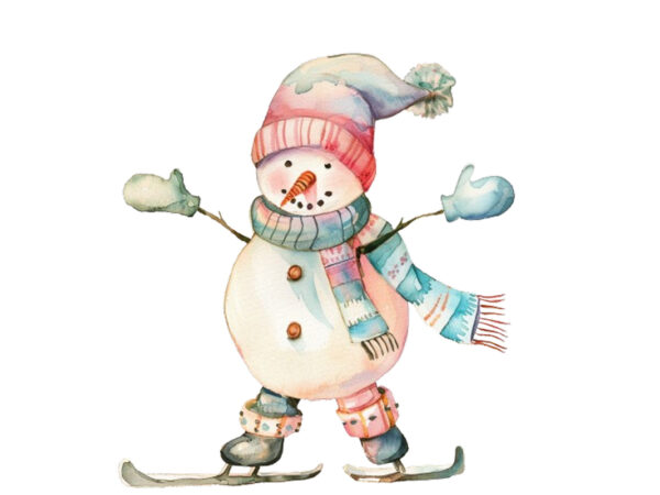 Watercolor pastel snowman skating clipart t shirt design for sale