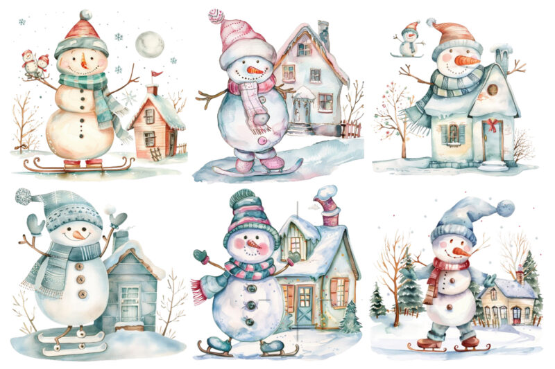 watercolor Pastel snowman skating house