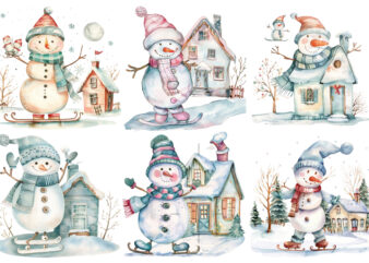 watercolor Pastel snowman skating house t shirt design for sale