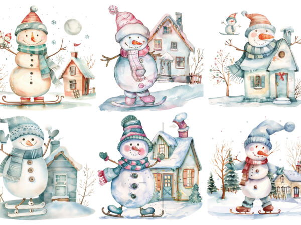 Watercolor pastel snowman skating house t shirt design for sale