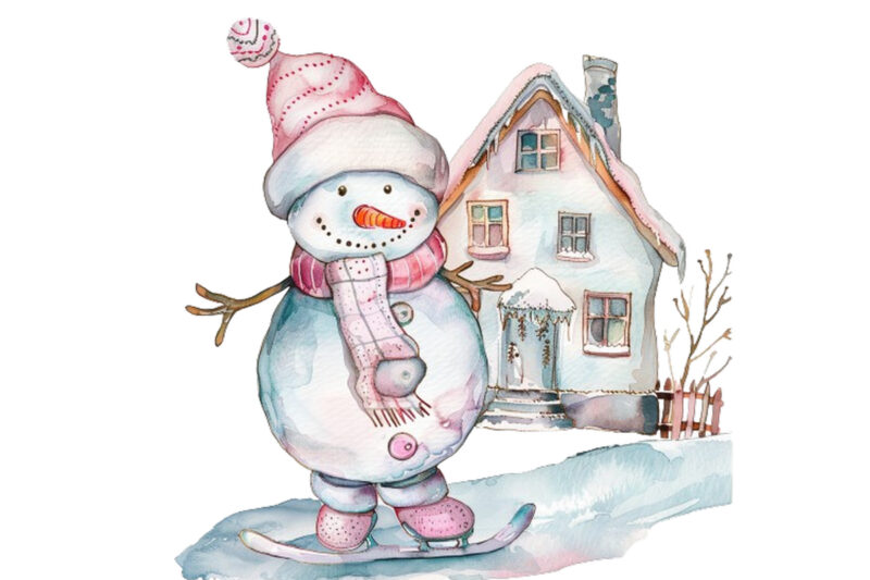 watercolor Pastel snowman skating house